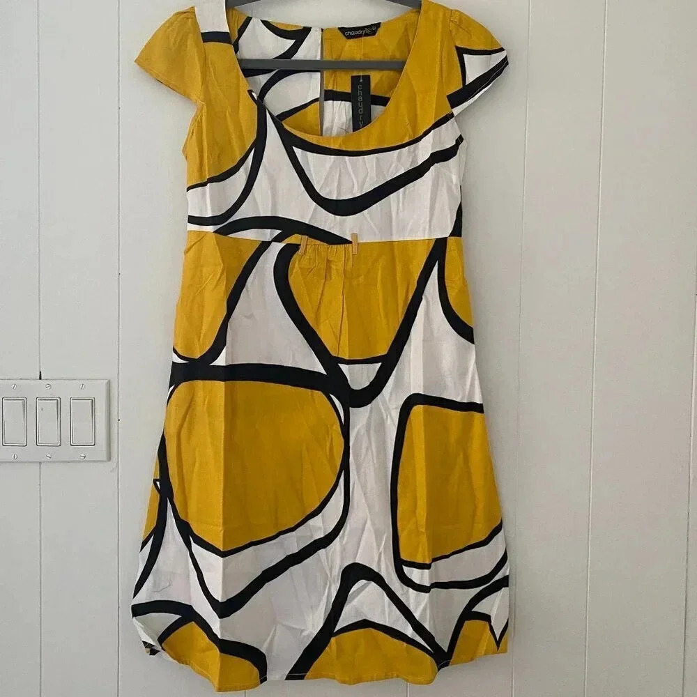 NWT - Chandry KC Sz Snall Yellow Black & White Geometric Pattern Y2K N105‎